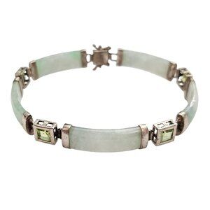 Sterling Silver Asian Style Bracelet Green Stone Links Tongue Clasp C966